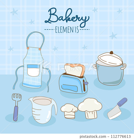 Kitchen utensils and bakery tools doodle. Hand drawn vector illustration. Kitchen utensils and bakery tools doodle. Hand drawn vector illustration. 112776613
