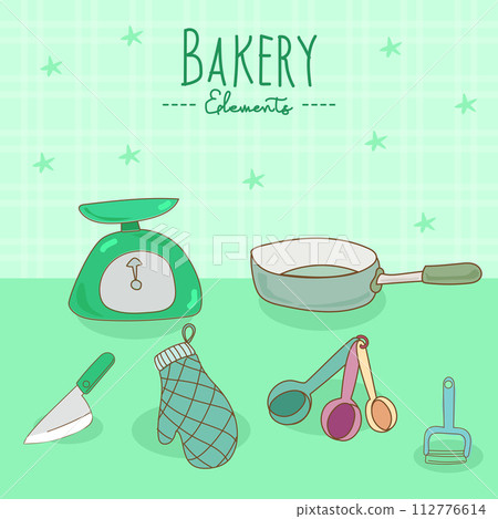 Kitchen utensils and bakery tools doodle. Hand drawn vector illustration. Kitchen utensils and bakery tools doodle. Hand drawn vector illustration. 112776614
