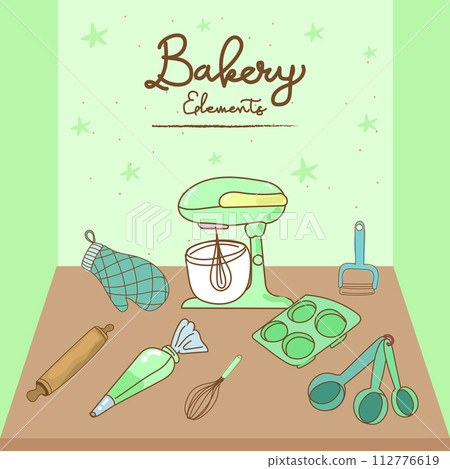 Kitchen utensils and bakery tools doodle. Hand drawn vector illustration. Kitchen utensils and bakery tools doodle. Hand drawn vector illustration. 112776619