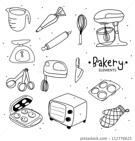Kitchen utensils and bakery tools doodle. Hand drawn vector illustration. Kitchen utensils and bakery tools doodle. Hand drawn vector illustration. 112776625