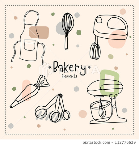Kitchen utensils and bakery tools doodle. Hand drawn vector illustration. 112776629