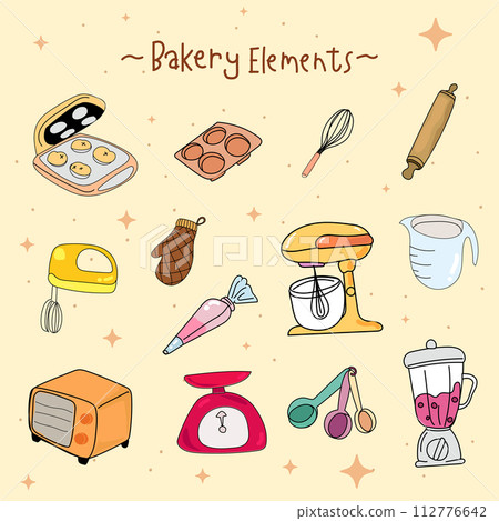 Kitchen utensils and bakery tools doodle. Hand drawn vector illustration. 112776642