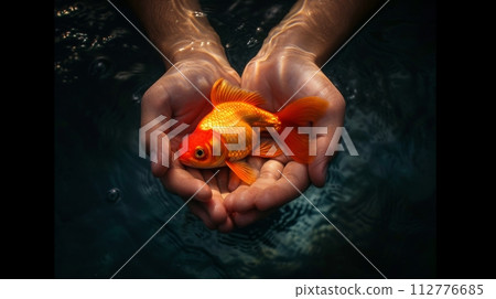 AI-generated content. Goldfish Cradled in Hands Above Water 112776685
