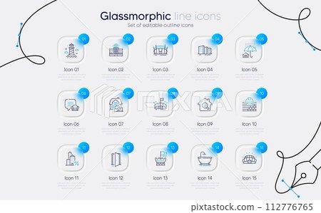 Set of Lighthouse, Lounge place and Open door line icons for web app. Sports stadium, Arena, Home insurance icons. Arena stadium, Buildings, Build signs. Inspect, Home moving, Mortgage. Vector 112776765
