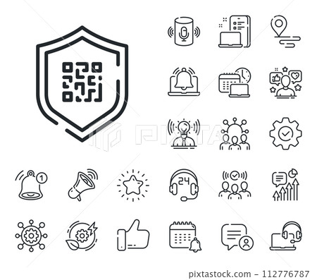 Scan barcode sign. Place location, technology and smart speaker outline icons. Qr code line icon. Code protection symbol. Qr code line sign. Influencer, brand ambassador icon. Vector 112776787