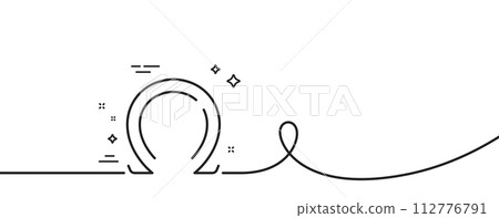Omega line icon. Continuous one line with curl. Last Greek letter sign. Ohm electrical resistance symbol. Omega single outline ribbon. Loop curve pattern. Vector 112776791