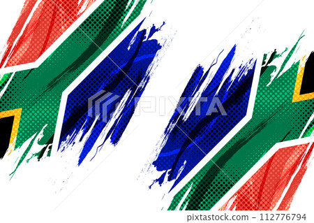 South Africa Flag with Brush Paint Style and Halftone Effect. South Africa Flag Background with Grunge Concept 112776794