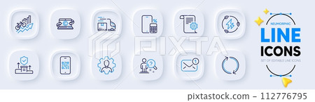 Phone calculator, Professional and Refresh line icons for web app. Pack of Training results, Qr code, Technical documentation pictogram icons. Search employee, Green electricity. Vector 112776795