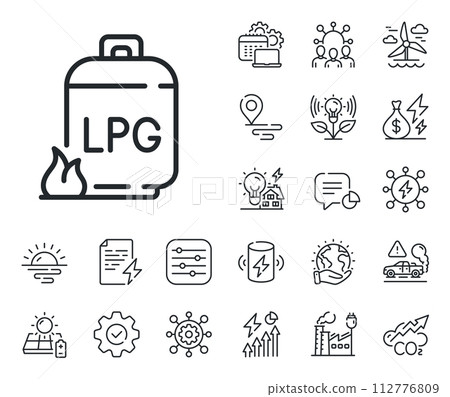 LPG fuel container sign. Energy, Co2 exhaust and solar panel outline icons. Gas cylinder line icon. Liquefied petroleum gas bottle symbol. Gas cylinder line sign. Vector LPG fuel container sign. Energy, Co2 exhaust and solar panel outline icons. Gas cylinder line icon. Liquefied petroleum gas bottle symbol. Gas cylinder line sign. Vector 112776809