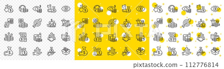 Accounting coins, Budget Investment, Trade Strategy icons. Finance line icons. Finance management, Budget gain and Business asset. Money economy, Loan in dollars and Treasure map. Vector 112776814
