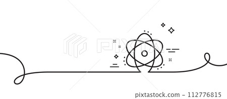 Atom line icon. Continuous one line with curl. Energy sign. Chemical element symbol. Atom single outline ribbon. Loop curve pattern. Vector 112776815