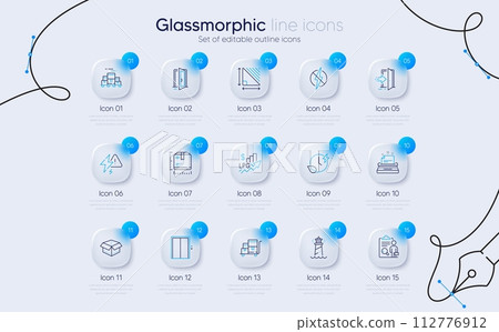 Set of Open box, Inspect and Typewriter line icons for web app. Lift, Open door, Triangle area icons. Lighthouse, Rise price, Boxes pallet signs. Entrance, Lightning bolt, Package size. Vector 112776912