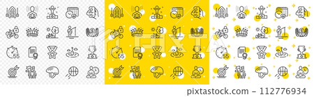 Outline Yoga balance, Bicycle lockers and Fishing float line icons pack for web with Winner cup, Leadership, Fisherman line icon. Basketball, Target goal, Arena stadium pictogram icon. Vector 112776934