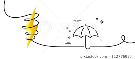 Umbrella line icon. Continuous one line with curl. Rain defence sign. Safe insurance symbol. Umbrella single outline ribbon. Loop curve with energy. Vector Umbrella line icon. Continuous one line with curl. Rain defence sign. Safe insurance symbol. Umbrella single outline ribbon. Loop curve with energy. Vector 112776953