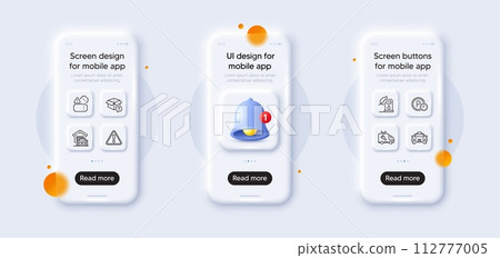 Car service, Garage and Secret package line icons pack. 3d phone mockups with bell alert. Glass smartphone screen. Tickets, Parking time, Warning web icon. Taxi, Petrol station pictogram. Vector Car service, Garage and Secret package line icons pack. 3d phone mockups with bell alert. Glass smartphone screen. Tickets, Parking time, Warning web icon. Taxi, Petrol station pictogram. Vector 112777005