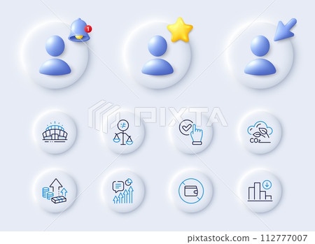 Arena stadium, Co2 gas and Kpi line icons. Placeholder with 3d cursor, bell, star. Pack of Wallet, Checkbox, Discrimination icon. Decreasing graph, Inflation pictogram. For web app, printing. Vector 112777007