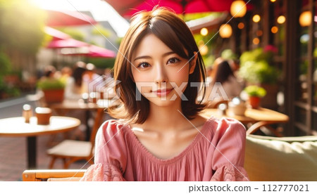 Young woman having a date on a cafe terrace 112777021