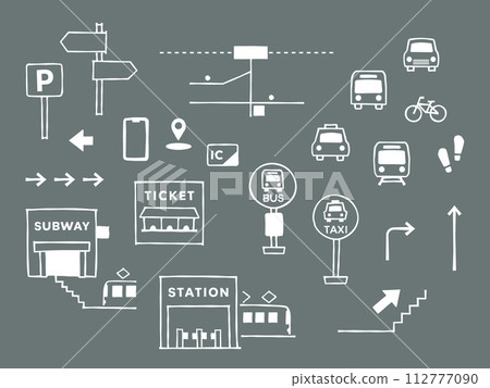 Simple illustrations and icons of train and bus transportation information 112777090
