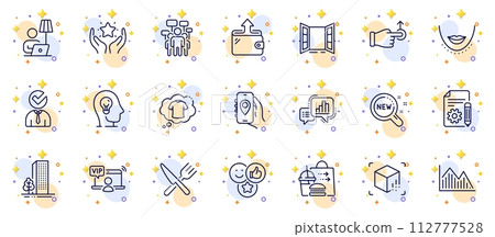 Outline set of T-shirt, Food delivery and Open door line icons for web app. Include Investment graph, Food, Vacancy pictogram icons. Mental health, Augmented reality, Voting campaign signs. Vector 112777528