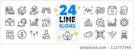 Icons set of Windy weather, Customisation and Chemistry lab line icons pack for app with Cobalt mineral, Qr code, Annual calendar thin outline icon. Rainy weather, Time management. Vector 112777549