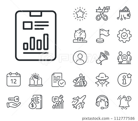 Analysis Chart or Sales growth sign. Salaryman, gender equality and alert bell outline icons. Report document line icon. Statistics data symbol. Report document line sign. Vector 112777586
