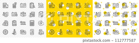 Set of Calculator, Check investment and Report icons. Accounting line icons. Calendar, Banking account and Finance accounting report document. Bill, Calculator and Wealth auditing. Vector 112777587