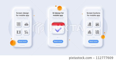Buildings, Marketplace and House dimension line icons pack. 3d phone mockups with calendar. Glass smartphone screen. Open door, Arena stadium, Flood insurance web icon. Vector 112777609