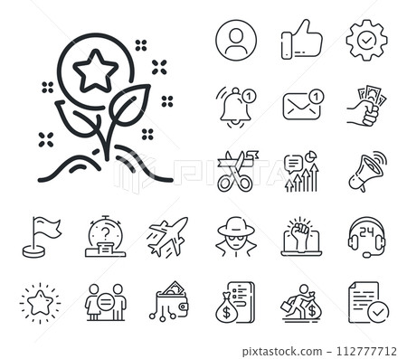 Bonus grows. Salaryman, gender equality and alert bell outline icons. Loyalty points line icon. Discount program symbol. Loyalty points line sign. Spy or profile placeholder icon. Vector 112777712