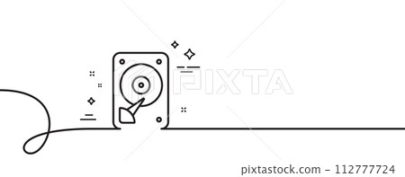HDD icon. Continuous one line with curl. Hard disk storage sign. Hard drive memory symbol. HDD single outline ribbon. Loop curve pattern. Vector 112777724