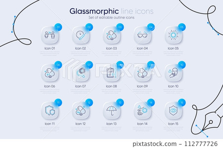 Set of Riboflavin vitamin, Coronavirus research and Vaccination schedule line icons for web app. Sodium mineral, Eye protection, Social distancing icons. Dont touch, Vitamin c, Wash hand signs. Vector 112777726