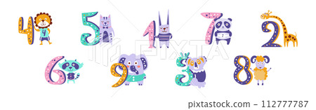 Cute Baby Animal and Educational Number Figure Vector Set 112777787