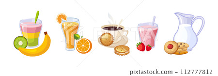 Colorful Breakfast Meal and Morning Food Served Vector Set Colorful Breakfast Meal and Morning Food Served Vector Set 112777812