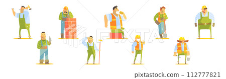 Funny Man Builder Character Work at Construction Site Vector Set 112777821
