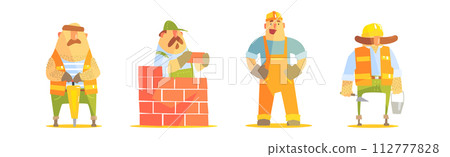 Funny Man Builder Character Work at Construction Site Vector Set 112777828