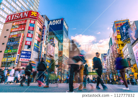 Tokyo cityscape in Japan, overlooking the pedestrian paradise of Akihabara, which is crowded with foreign tourists... 112777832