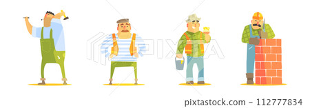 Funny Man Builder Character Work at Construction Site Vector Set Funny Man Builder Character Work at Construction Site Vector Set 112777834