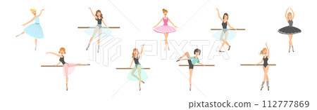 Beautiful Woman Ballerina Character with Slim Body in Pointe Shoes Do Pirouette Vector Set 112777869