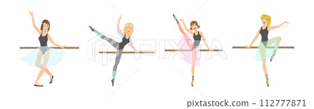 Beautiful Woman Ballerina Character with Slim Body in Pointe Shoes Do Pirouette Vector Set 112777871