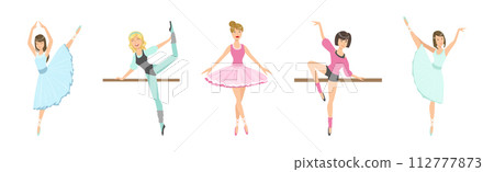 Beautiful Woman Ballerina Character with Slim Body in Pointe Shoes Do Pirouette Vector Set 112777873