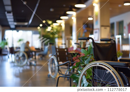 Vacant wheelchairs lined up in the bright lobby of a healthcare facility, with blurred background 112778017