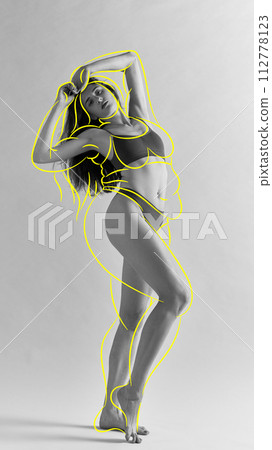 Weight loss. Full-length image of slim young woman with overlined body in underwear. Black and white image Weight loss. Full-length image of slim young woman with overlined body in underwear. Black and white image 112778123