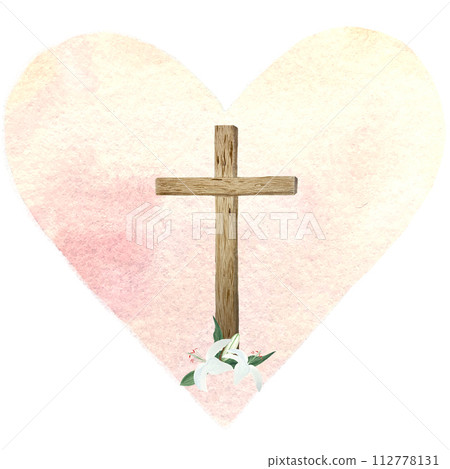 Watercolor wooden cross and lilies on a peach heart background. Card for Easter, holy Thursday isolated on white 112778131