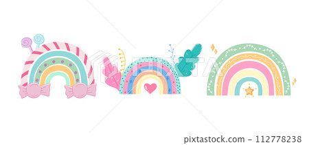 Hand drawn trendy rainbows with decorations. Scandinavian rainbow set. Cute decorations in candy colors. Vector illustration 112778238