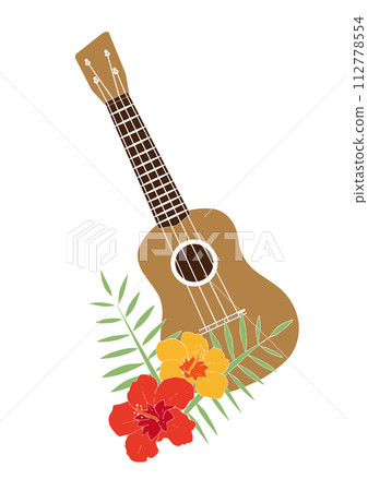 Hawaiian illustration of flowers and ukulele Hawaiian illustration of flowers and ukulele 112778554