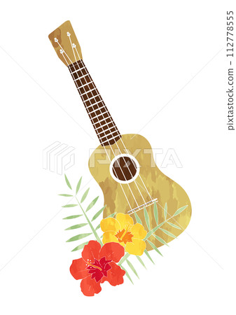 Hawaiian watercolor illustration of flowers and ukulele 112778555