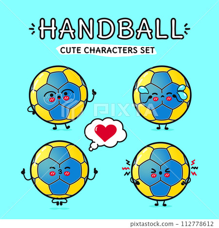Funny cute happy Handball characters bundle set. Vector hand drawn doodle style cartoon character illustration icon design. Isolated on blue background. Handball ball mascot character collection Funny cute happy Handball characters bundle set. Vector hand drawn doodle style cartoon character illustration icon design. Isolated on blue background. Handball ball mascot character collection 112778612