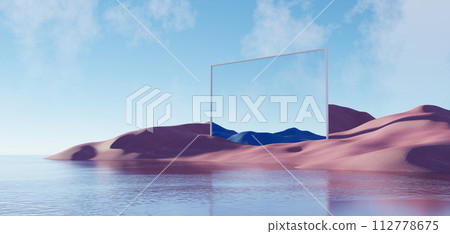 3d Render, Abstract Surreal pastel landscape background with architecture and geometric, beautiful gradient sky scene, lake with clam water, minimal concept. 3d Render, Abstract Surreal pastel landscape background with architecture and geometric, beautiful gradient sky scene, lake with clam water, minimal concept. 112778675