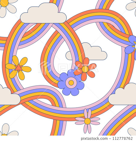 Groovy tangled rainbow with daisy flower, clouds seamless pattern. Hippie sky with daisies background. Bright summer skies surface design for nursery and baby fashion. Thin contour vector illustration Groovy tangled rainbow with daisy flower, clouds seamless pattern. Hippie sky with daisies background. Bright summer skies surface design for nursery and baby fashion. Thin contour vector illustration 112778762