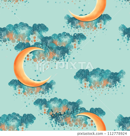 Half moon and clouds seamless pattern. Cute background Half moon and clouds seamless pattern. Cute background 112778924
