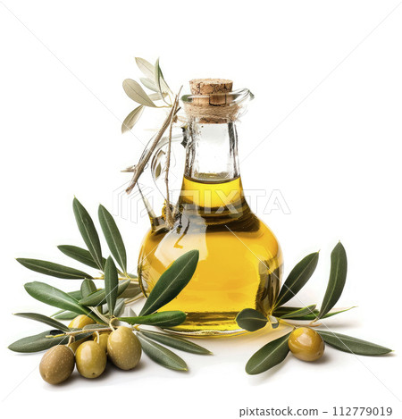 bottle with olive oil with olives and leaves isolated on white background. Ai generative bottle with olive oil with olives and leaves isolated on white background. Ai generative 112779019